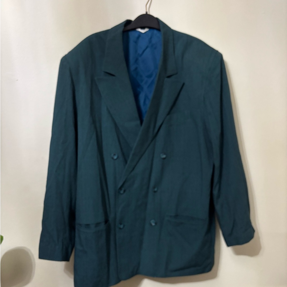 Fabulous VTG 80s oversized Teal Windowpane plaid Double Breasted Jacket